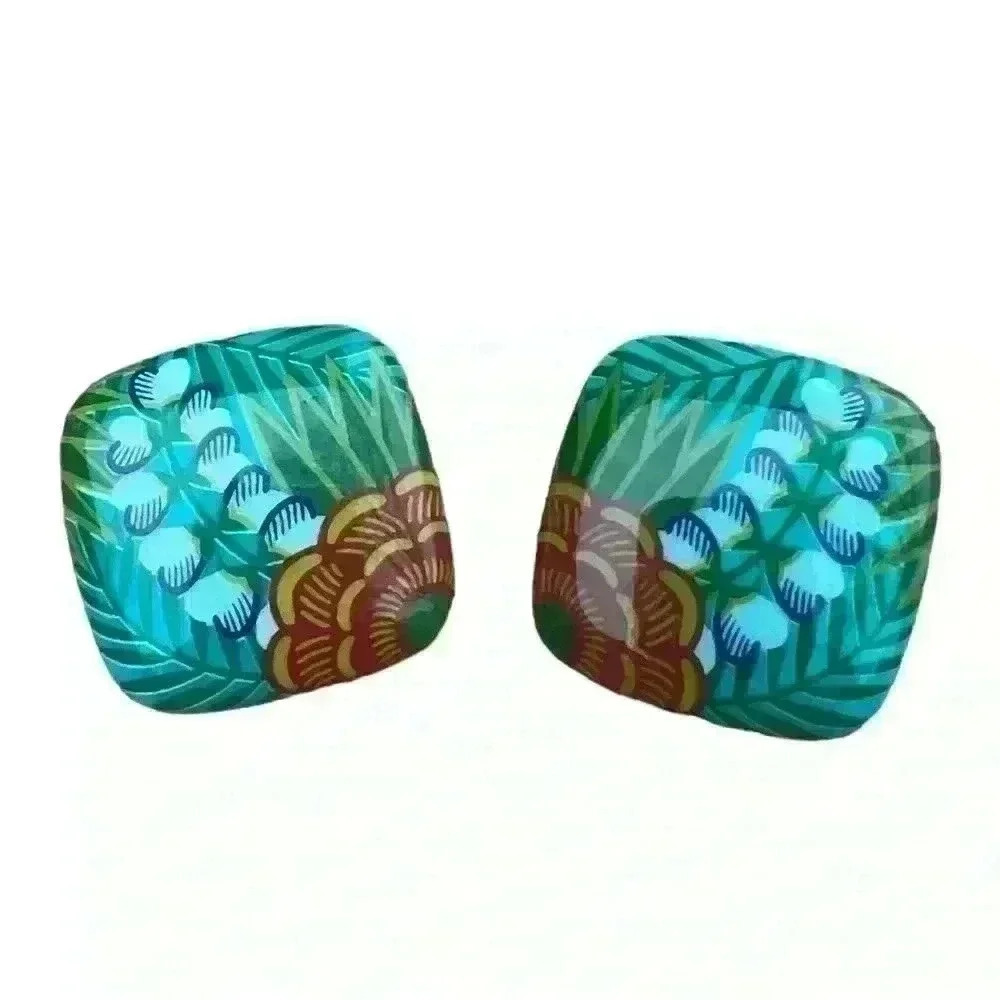 Vintage 1987 Avon lucite floral tropical painted square earrings